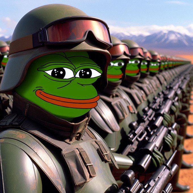 A meme image featuring Pepe the Frog as a soldier in a Star Wars-style helmet, lined up with other frog soldiers in formation.