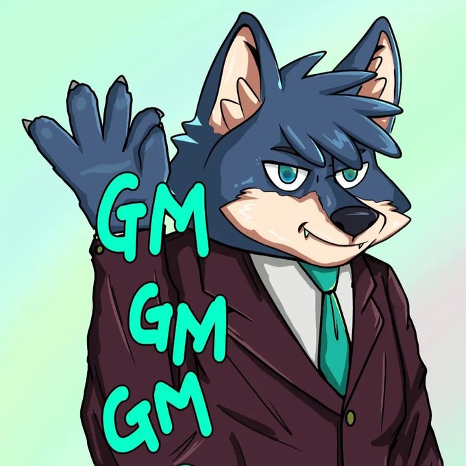 A furry anthropomorphic wolf character in a suit waving, with 'GM' written three times in green text.