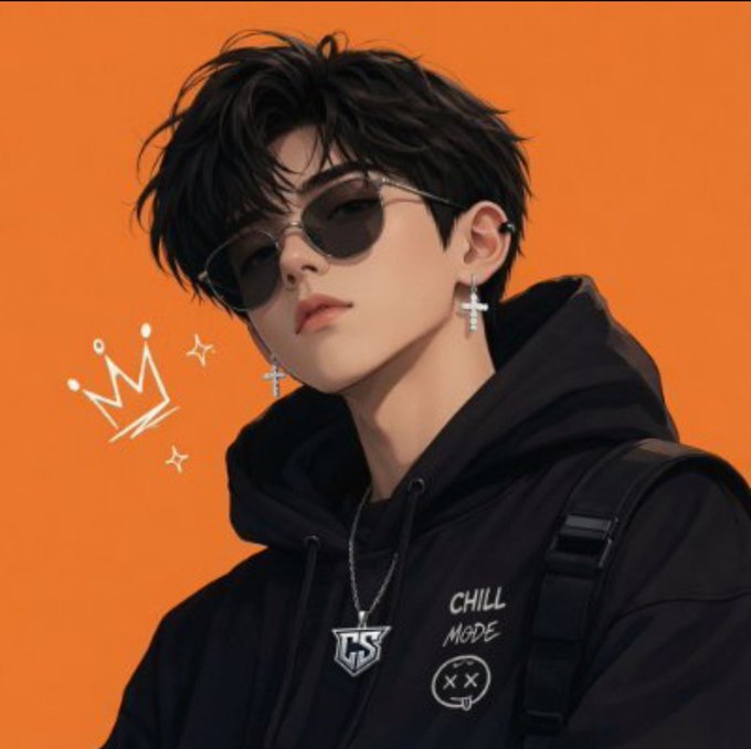 A stylized digital illustration of a young man wearing sunglasses, a black hoodie, and cross earrings against an orange background with a crown graphic.