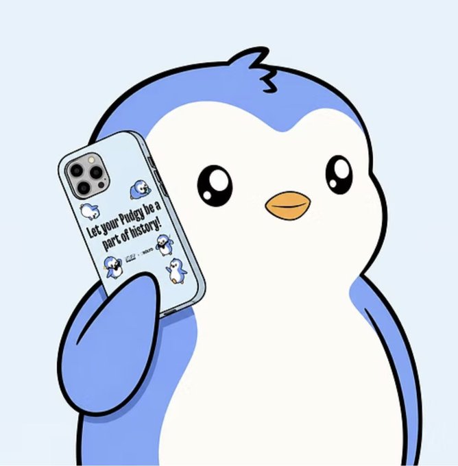 A cute cartoon blue penguin with big shiny eyes holds up an iPhone case featuring "Let your Pudgy be a part of history!" along with multiple small Pudgy Penguin illustrations, visually promoting the @SOLYD_STORE collaboration seeking six @pudgypenguins for their new iPhone case line.