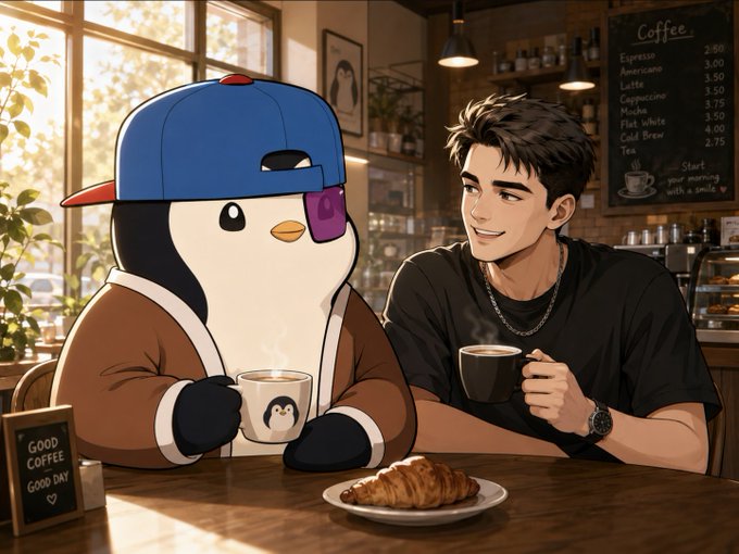 An anime-style illustration shows a penguin character wearing a blue cap and brown jacket sitting at a coffee shop table with a young man in a black shirt; both hold coffee cups with steam rising, and a croissant sits on the table beside a 'GOOD COFFEE GOOD DAY' sign.