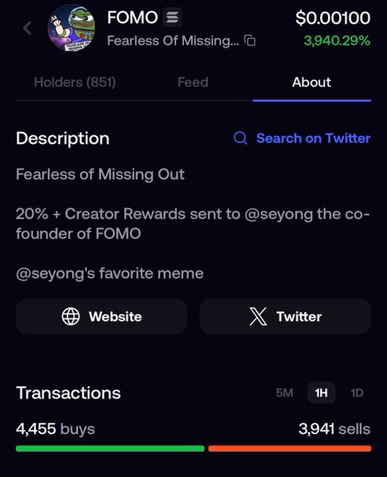 A cryptocurrency token page for FOMO ('Fearless Of Missing Out') showing a price of $0.00100, a 3,940.29% gain, 851 holders, and notes '@seyong's favorite meme.'