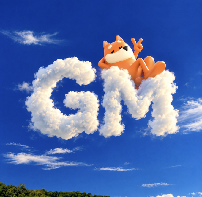 A cartoon orange dog lounges against clouds shaped like "GM" while flashing a peace sign under a bright blue sky. The playful image pairs perfectly with the cheerful "GM fren" greeting, matching its laid-back, good-mood energy.