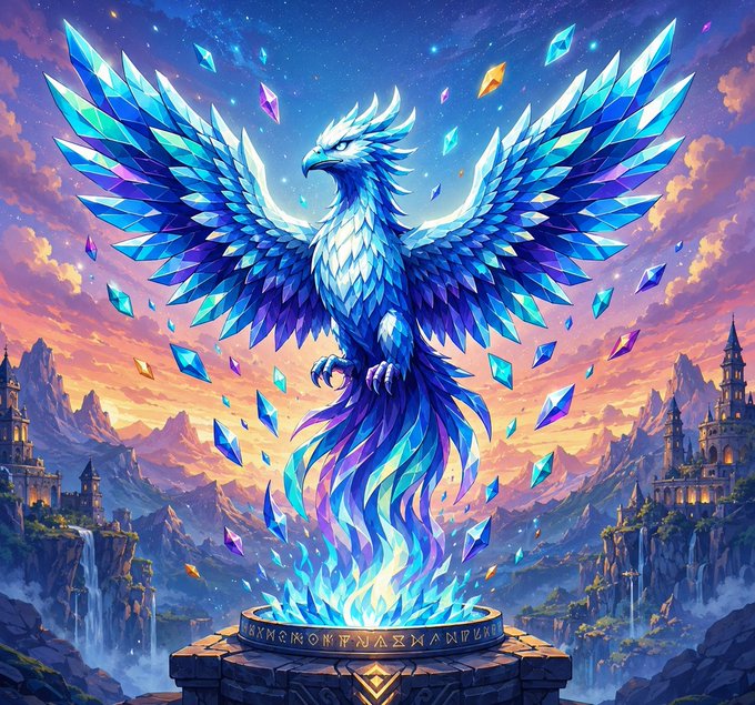 A majestic crystal phoenix rises from blue flames atop a stone pedestal inscribed with runic symbols, surrounded by floating gems against a fantasy sunset skyline. The image symbolizes the celebratory post about reaching 1500 followers and the upcoming launch of Robinhood NFT collections, with the phoenix representing the rising but still-ascending journey with only 7 days remaining.