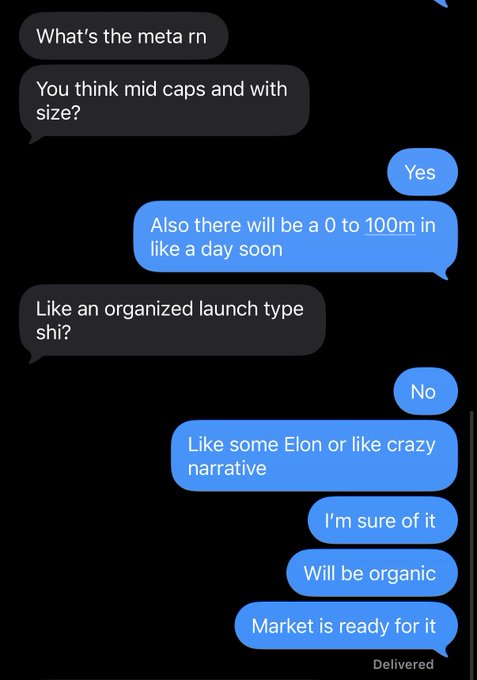 A text message conversation discussing the crypto market "meta," focusing on mid caps and the anticipation of an upcoming "0 to 100m in like a day" organic launch driven by narrative hype, likely related to an Elon-related catalyst that may signal froth peaking and an imminent onchain pullback.