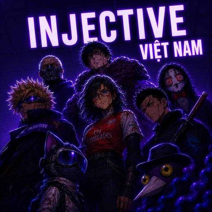 The image is a promotional banner for the Injective Vietnam community, featuring "INJECTIVE VIỆT NAM" in bold neon text above an anime-style group of characters. The dark, purple-hued artwork with masked and bloodied figures complements the post announcing the user's official appointment as an Injective Ambassador for the Vietnam community.