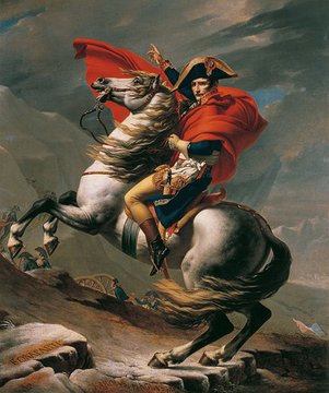 The famous neoclassical painting 'Napoleon Crossing the Alps' by Jacques-Louis David depicts Napoleon Bonaparte on a rearing white horse, wearing a flowing red cloak.