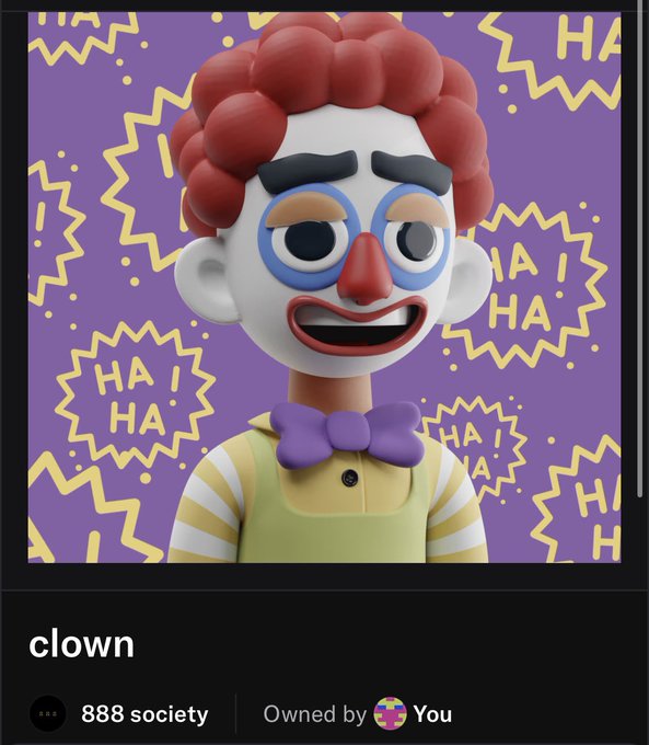 A vinyl or NFT-style album cover titled 'clown' by 888 society, featuring a 3D-rendered clown character with red hair against a purple background with 'HA! HA!' comic-style bursts.
