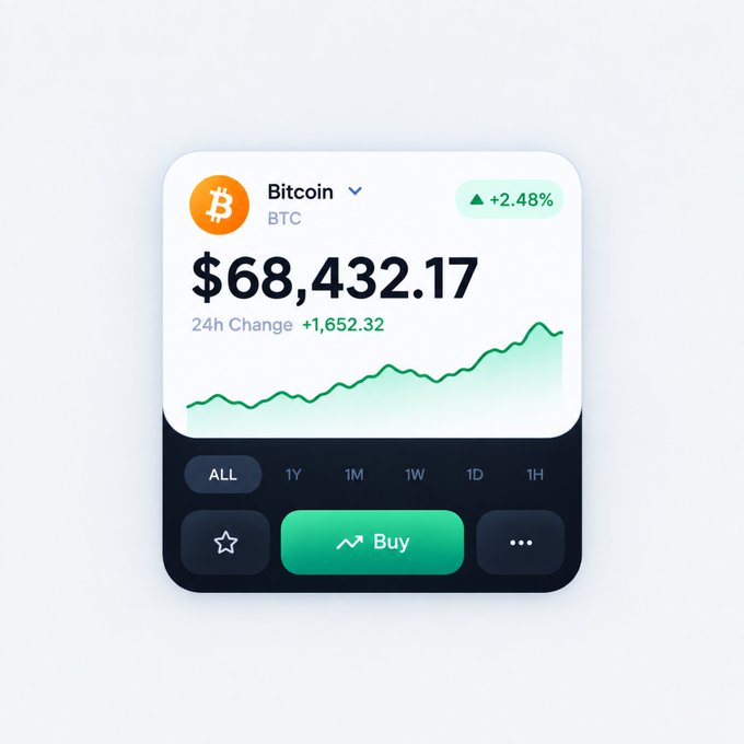 A digital widget displays the price of Bitcoin (BTC) at $68,432.17, showing a +2.48% increase and a +1,652.32 24h change, with a green trend line graph and a 'Buy' button.