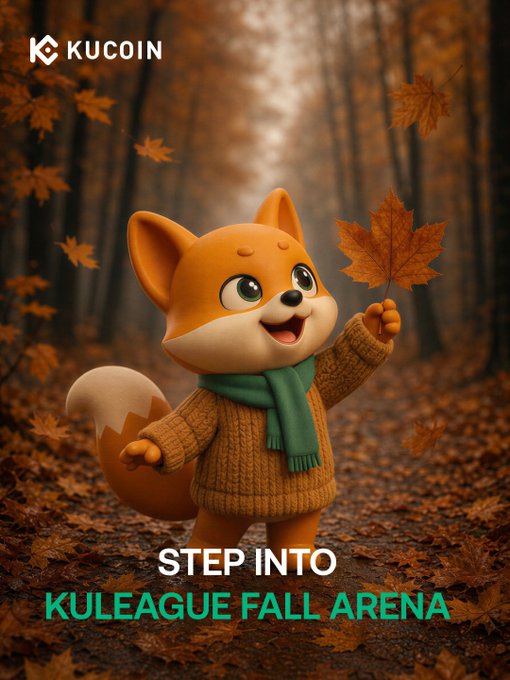 A cheerful cartoon fox mascot wearing a knitted sweater and green scarf holds up an orange autumn leaf in a forest path covered with fallen foliage, with "KUCOIN" logo in the top left and the text "STEP INTO KULEAGUE FALL ARENA" displayed at the bottom. The image brings the "KuKu" mascot from the post to life in a warm autumn setting, tying the cozy seasonal theme to KuCoin's Fall Arena event promotion.