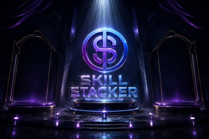 A digital rendering of a "SKILL STACKER" logo with a purple and blue gradient, displayed on a pedestal in a dark, futuristic environment with purple lighting.