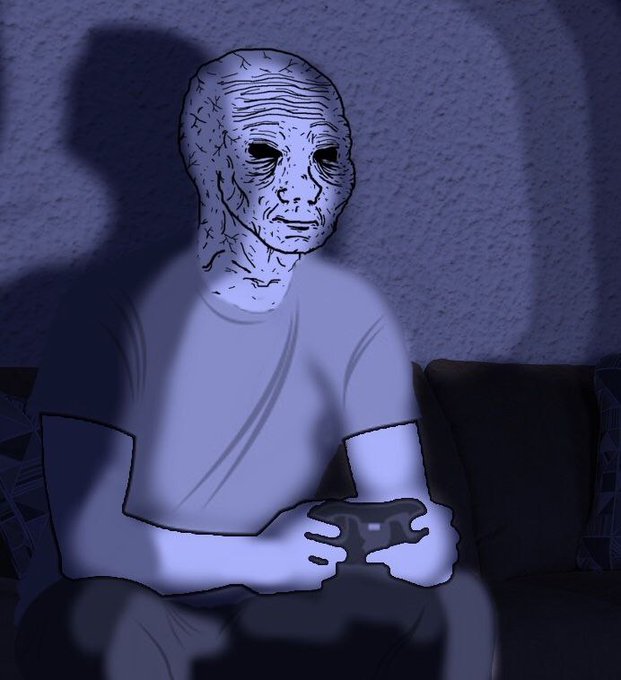 A meme illustration showing a bald, wrinkled figure with a drawn-on face and dark empty eyes holding a video game controller, illuminated by the screen's blue glow against a dark background.