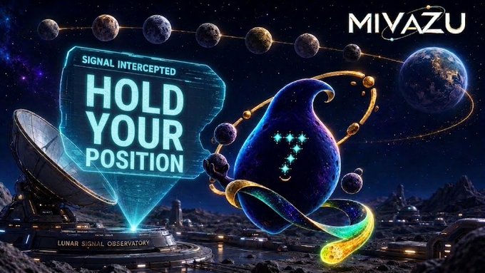 A cosmic promotional graphic for "$MIVAZU" featuring a dark celestial character with constellation eyes, surrounded by orbiting planets, a glowing "SIGNAL INTERCEPTED - HOLD YOUR POSITION" holographic message, and a satellite dish labeled "LUNAR SIGNAL OBSERVATORY" in a starry space setting. The futuristic space scene visually reinforces the post's message about an active, growing crypto community riding the "Moon Seven" momentum.