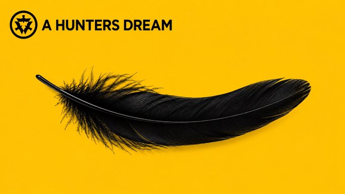 A black feather rests against a bright yellow background, accompanied by the text "A HUNTERS DREAM" and a star emblem in the upper-left corner. The imagery evokes a sense of hunting or pursuit, aligning with the post's motivational "Go go go" sentiment paired with the @caw_dev #CAW tags.