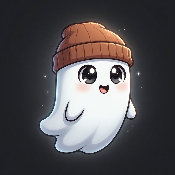 A cute cartoon ghost mascot wearing a brown/orange beanie, with large sparkly eyes and blushing cheeks, set against a dark starry background.