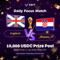 The image features a poster for a competition between England and Croatia, with both teams' flags displayed side by side. The text on the poster indicates that there are two prizes available for this event, one of which is USDC. The poster also includes details about when the competition will take place and how to enter the contest.