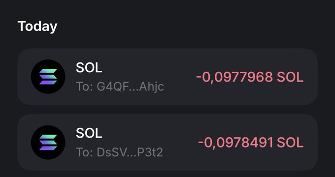 A mobile app screen showing two Solana (SOL) transactions of approximately -0.0978 SOL each, sent to addresses 'G4QF...Ahjc' and 'DsSV...P3t2'.
