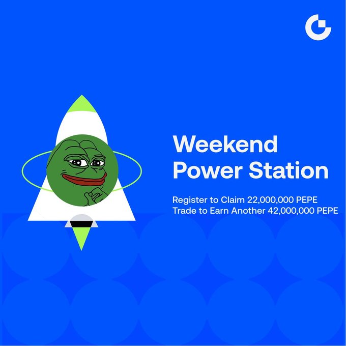 A vibrant blue promotional graphic features the Pepe the Frog meme character riding a white and green rocket ship, with the "Weekend Power Station" event title displayed prominently alongside details to "Register to Claim 22,000,000 PEPE" and "Trade to Earn Another 42,000,000 PEPE," visually reinforcing the limited-time crypto giveaway campaign announced in the post.