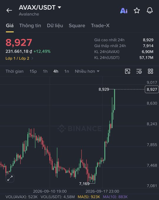 A Binance trading chart displays the AVAX/USDT (Avalanche) price at 8,927, showing a +12.49% gain with a 4h candlestick view.