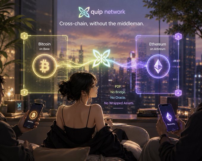 Promotional graphic for Quip Network showing 'Cross-chain, without the middleman,' illustrating P2P transfer between Bitcoin on Base and Ethereum on Arbitrum with two people on smartphones.