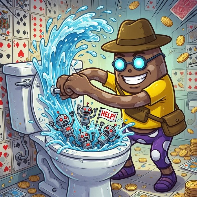 A cartoon character wearing a hat and glowing goggles gleefully flushes four small robots down a toilet, causing a massive splash as one robot holds a flag reading "HELP!", set against a background of playing cards and gold coins.