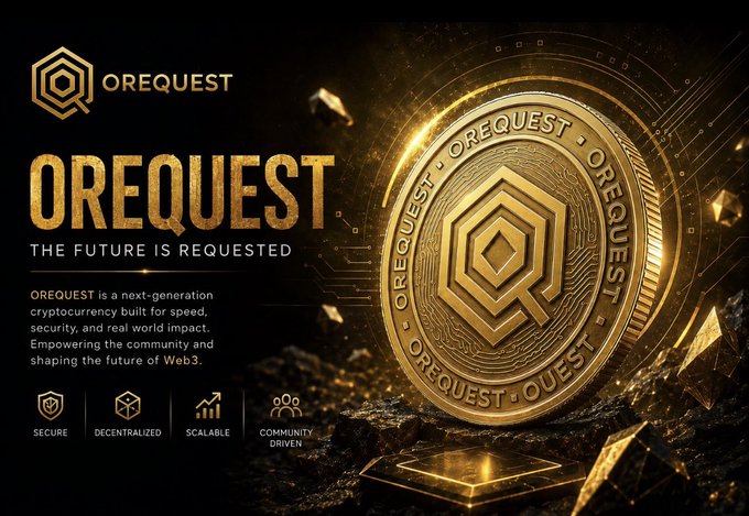 A promotional graphic for "OREQUEST" featuring a large golden coin emblazoned with the OREQUEST logo and name, accompanied by the tagline "THE FUTURE IS REQUESTED" and key features: Secure, Decentralized, Scalable, and Community Driven. The image visually reinforces the announcement by showcasing the cryptocurrency's branding in a luxurious, polished style, emphasizing the upcoming listing and community-driven nature mentioned in the post.