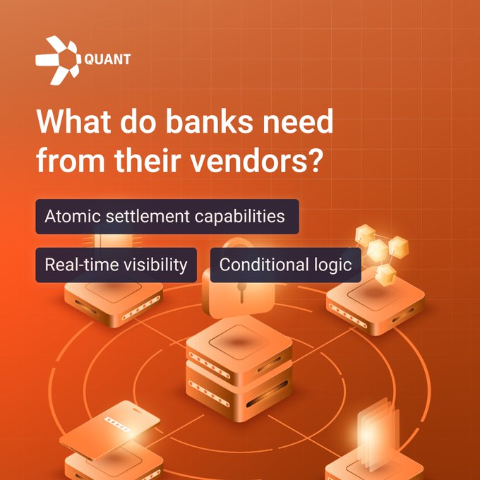 An orange promotional graphic for XQUANT asking 'What do banks need from their vendors?' listing Atomic settlement capabilities, Real-time visibility, and Conditional logic.