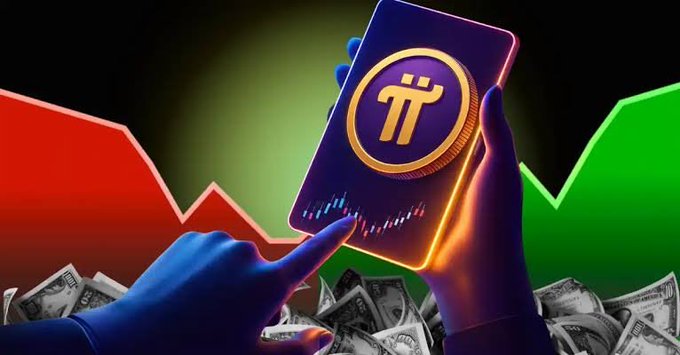 A digital illustration shows hands holding a smartphone displaying the Pi Network (π) coin logo, set against a background of red and green chart lines and scattered US dollar bills.