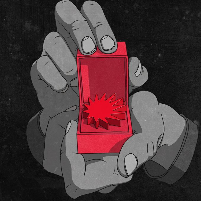 Two grayscale hands hold open a small red box containing a red starburst or explosion shape, symbolizing a gift or reward against a dark textured background. The image visually represents the $DOT token rewards and "gift" of inference credits being distributed through the platform's payment flywheel, with the red box echoing the bullish, value-driven nature of the token settlement activity described.