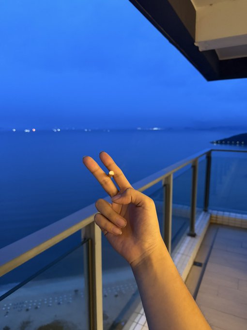 A hand holds up a peace sign against a serene ocean backdrop at twilight, with distant city lights twinkling across the water from a balcony view. The peaceful, glowing "Good morning" caption pairs perfectly with the tranquil blue-hour scene capturing the start of a new day by the sea.