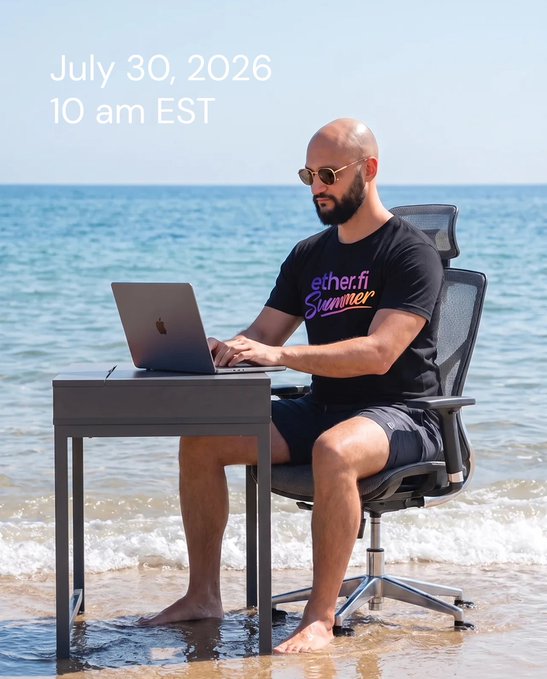 A bald, bearded man in sunglasses and an "ether.fi Summer" t-shirt works on a MacBook while seated at a desk set up directly in the shallow ocean surf. The image is overlaid with "July 30, 2026, 10 am EST," promoting the EtherFi Summer Analyst Call referenced in the post.