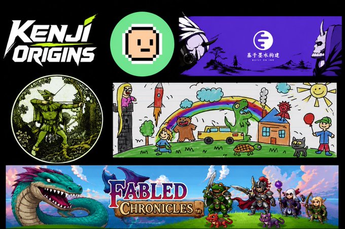 A collage showcases upcoming NFT gaming projects including "Kenji Origins," an animated pixel art scene, and "Fabled Chronicles," likely highlighting new additions to an alpha vault as referenced in the post about adding @WastelandRH to the list.
