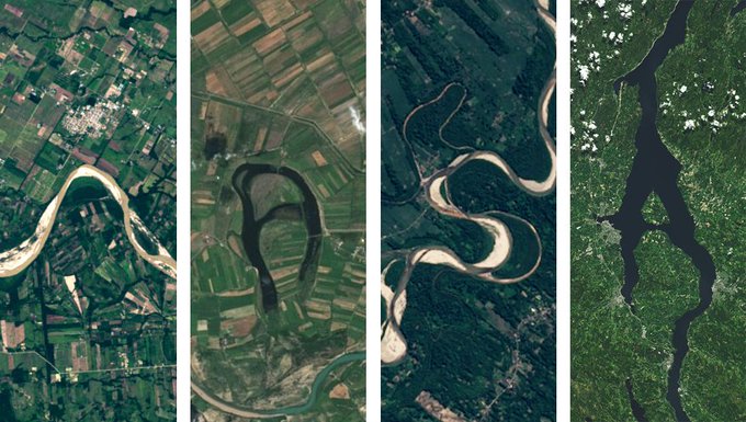 urns of water, green fields, and brown mountains are depicted on four satellite images arranged in a 2x2 grid against a light gray background.