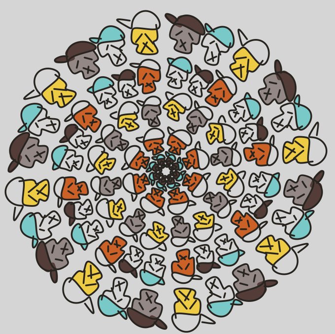 An illustration showing a circular pattern of cartoon faces with X-shaped eyes arranged in a spiral that converges into a central point, with faces colored in white, orange, gray, yellow, and teal wearing various hats.