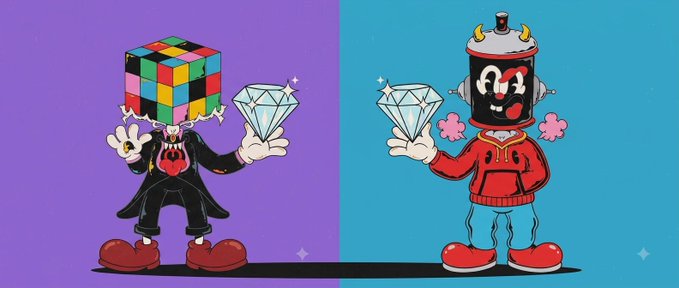 An illustration of two cartoon characters against split purple and blue backgrounds: one with a Rubik's cube for a head holding a large diamond, and another with a soda can for a head also holding a diamond.