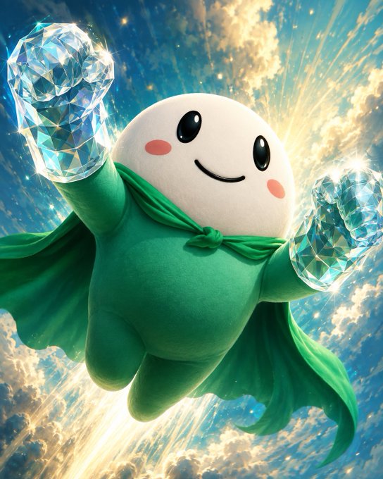 A cute 3D-rendered green character with a white round face, pink cheeks, and a cape, flying through a sky background while holding glowing diamond-shaped crystal fists.