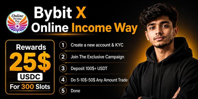 A promotional graphic for a Bybit x Online Income Way campaign offering 25$ USDC, with steps listed: create account & KYC, join campaign, deposit 100$+ USDT, trade, done.