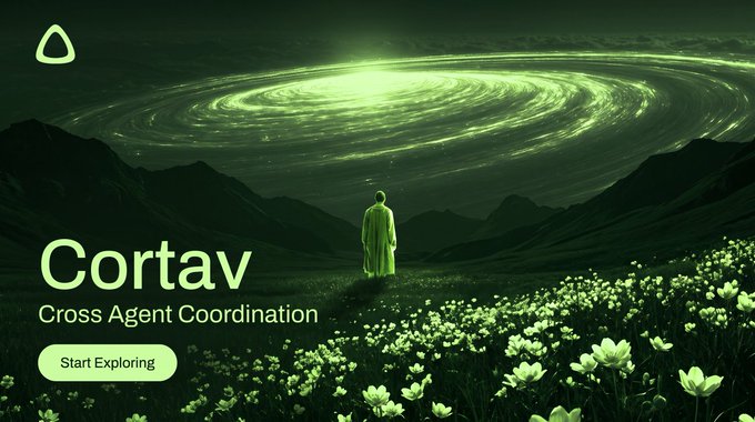 A lone figure in a green cloak gazes up at a swirling cosmic vortex above a field of flowers, with the text "Cortav – Cross Agent Coordination" and a "Start Exploring" button displayed, visually tying the image's theme of unified direction and oversight to Cortav's role as a coordination layer for autonomous AI agents ($CORV).