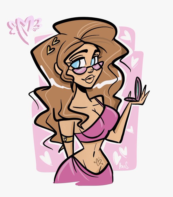 A cartoon illustration of a woman with long brown hair, sunglasses, and a pink crop top and skirt, holding a compact mirror, signed 'AnaS' with hearts and 'EMK' in the corner.