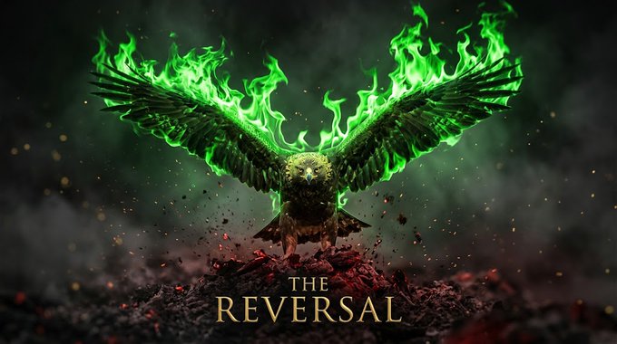 A dramatic poster titled "THE REVERSAL" featuring an eagle with wings spread wide, engulfed in vibrant green flames against a dark background.