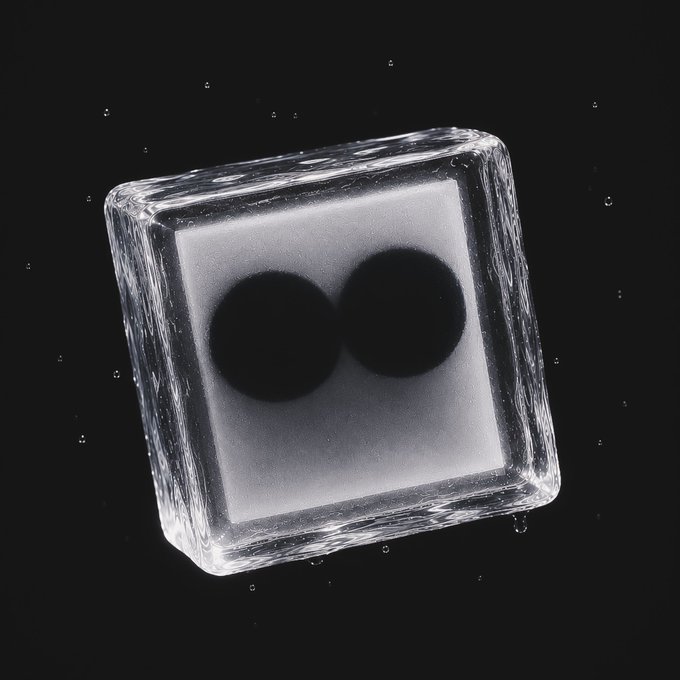 Two dark, pupil-like circles suspended in a glowing white center and encased within a crystalline, translucent cube float against a black background, with tiny droplet or sparkle-like specks scattered around the object. The image aligns with the post "Consensus Wet – Iced Eyes III by @Hans__AI," presenting the AI artist's signature motif of haunting, watchful eyes trapped in ice as part of the "Iced Eyes" series.