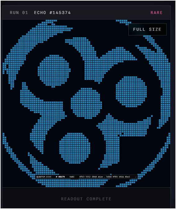 A dark digital artwork titled 'QUANTUM ECHO' showing pixelated blue circular patterns, labeled 'RUN 01 ECHO #145374 RARE' and 'READOUT COMPLETE'.