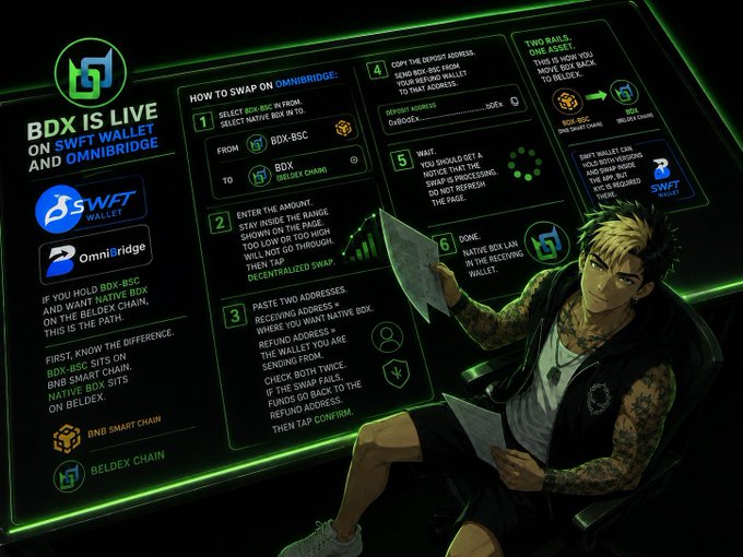 A neon green graphic titled 'BDX IS LIVE ON SWFT WALLET AND OMNIBRIDGE' shows an illustrated character holding papers, with step-by-step instructions for swapping on OmniBridge and details about BNB and Beldex chains.