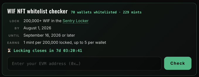The image shows a "WIF NFT whitelist checker" panel displaying key details: 70 wallets whitelisted, 229 mints, a requirement to lock 200,000+ WIF in the Sentry Locker by August 1, 2026, and a countdown showing locking closes in 7 days. This relates to the post by promoting sentry.trading/wifleaderboard, likely as a tool for users to check their eligibility for the WIF NFT whitelist by verifying their locked WIF tokens.