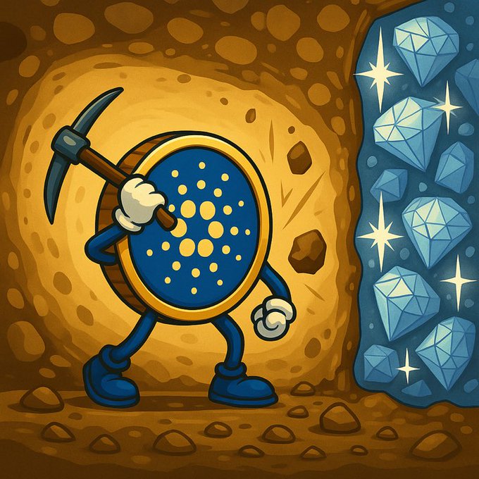 A cartoon illustration of a blue cryptocurrency coin character wearing a brown hat, holding a pickaxe, and standing in a mine with sparkling blue diamonds on the right side.