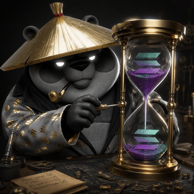 A panda wearing a conical Asian hat and smoking a pipe intensely observes a golden hourglass filled with shimmering purple and teal sand, with a visible card reading "PRECISION, TIME, FLOW, PERFECTION." The image visually reinforces the post's message by embodying the idea that time is a constructed concept—capturing a zen-like master of precision contemplating sand falling through the glass as a metaphor for taking deliberate control over one's own timeline.