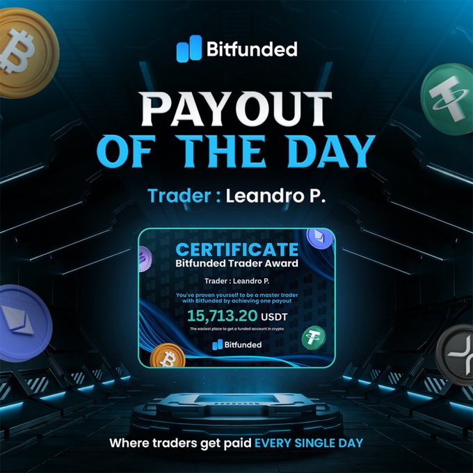 A Bitfunded promotional graphic highlights "Payout of the Day" for trader Leandro P., featuring a certificate that awards him 15,713.20 USDT as the "seasiest place to get a funded account in crypto," surrounded by Bitcoin and Tether coin imagery with the tagline "Where traders get paid EVERY SINGLE DAY."