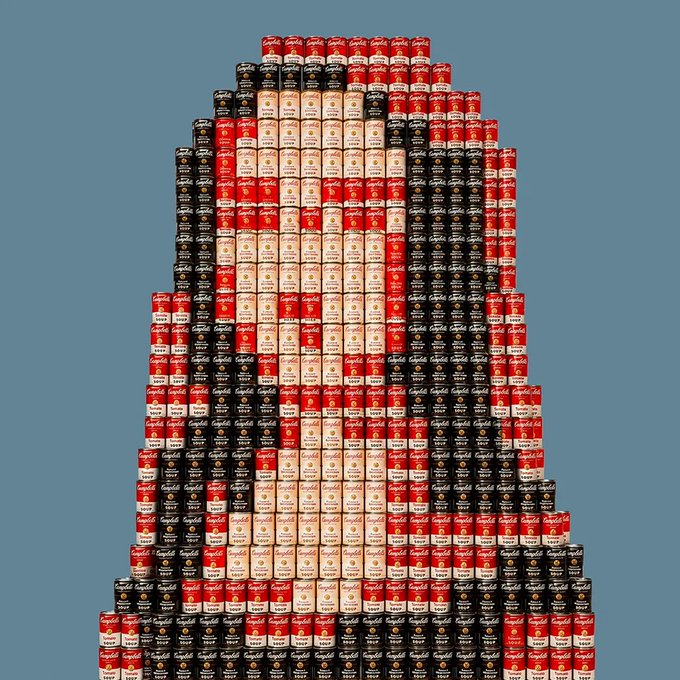 A pixelated portrait of a man composed of stacked Campbell's Soup cans in red, black, cream, and white against a blue background, evoking Andy Warhol's iconic pop art style. The text "GIOCONDA #1503" references Leonardo da Vinci's Mona Lisa, with this soup-can mosaic reimagining the classic portrait in a consumerist, Warholian twist.