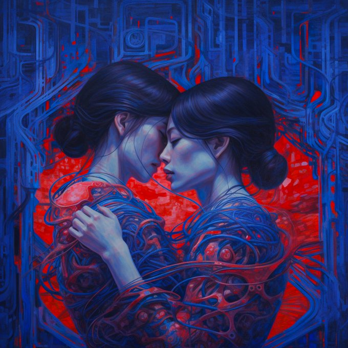 Surreal digital artwork of two blue-toned figures embracing against a vivid red background, with intricate blue circuit-like patterns weaving through their bodies and surroundings.