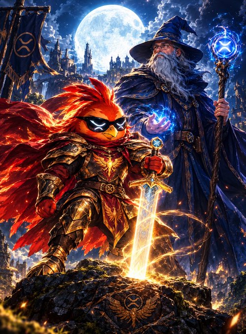 A fantasy digital illustration showing an armored character with red feathers holding a glowing sword, standing next to a bearded wizard with a staff, with a large moon overhead.